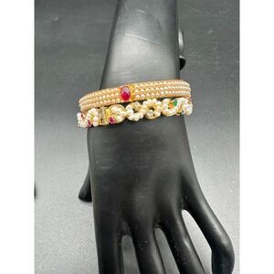 Vintage Pearl Rhinestone Bangle Bracelets Set of 2 Gold Tone Screw Clasp Jewelry